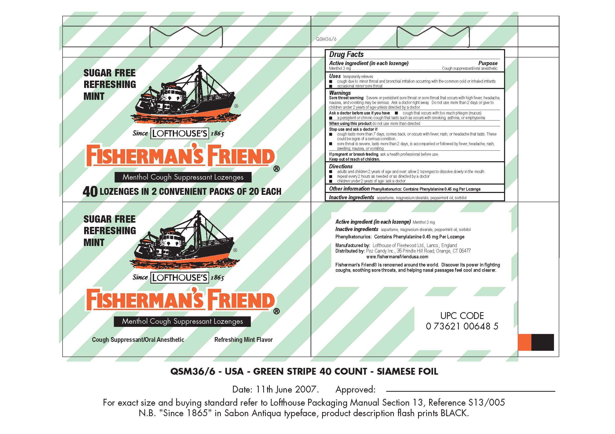 Sugar Free Refreshing Mint Fishermans Friend Menthol Cough Suppressant